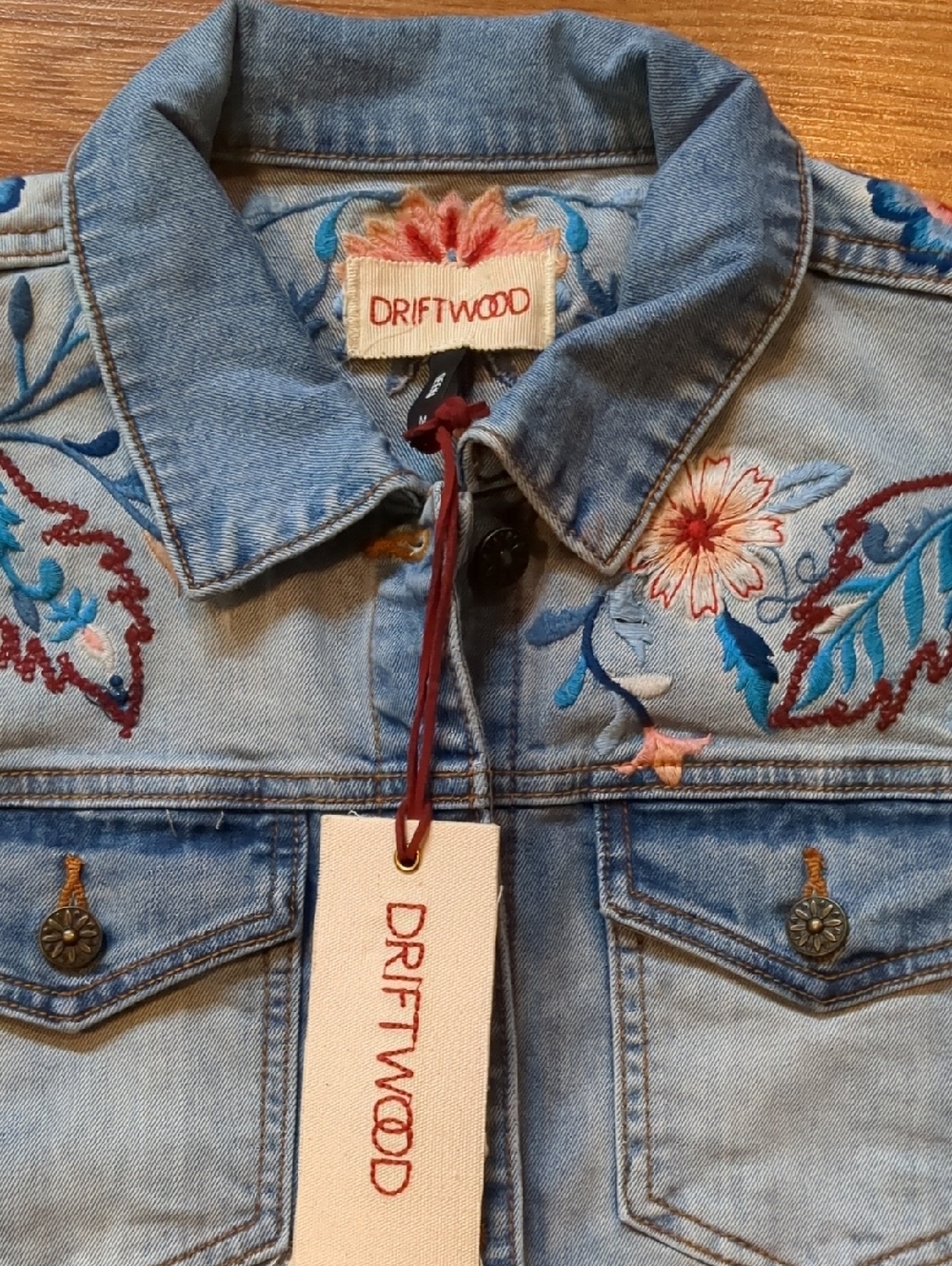 Driftwood Jeans Embroidered Floral Light-Wash Denim Trucker Jacket - Picture 4 of 9